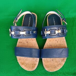 Isaac Mizrahi Live Navy Blue Cork Sandals sz 5 Straps Hardware Leather Uppers